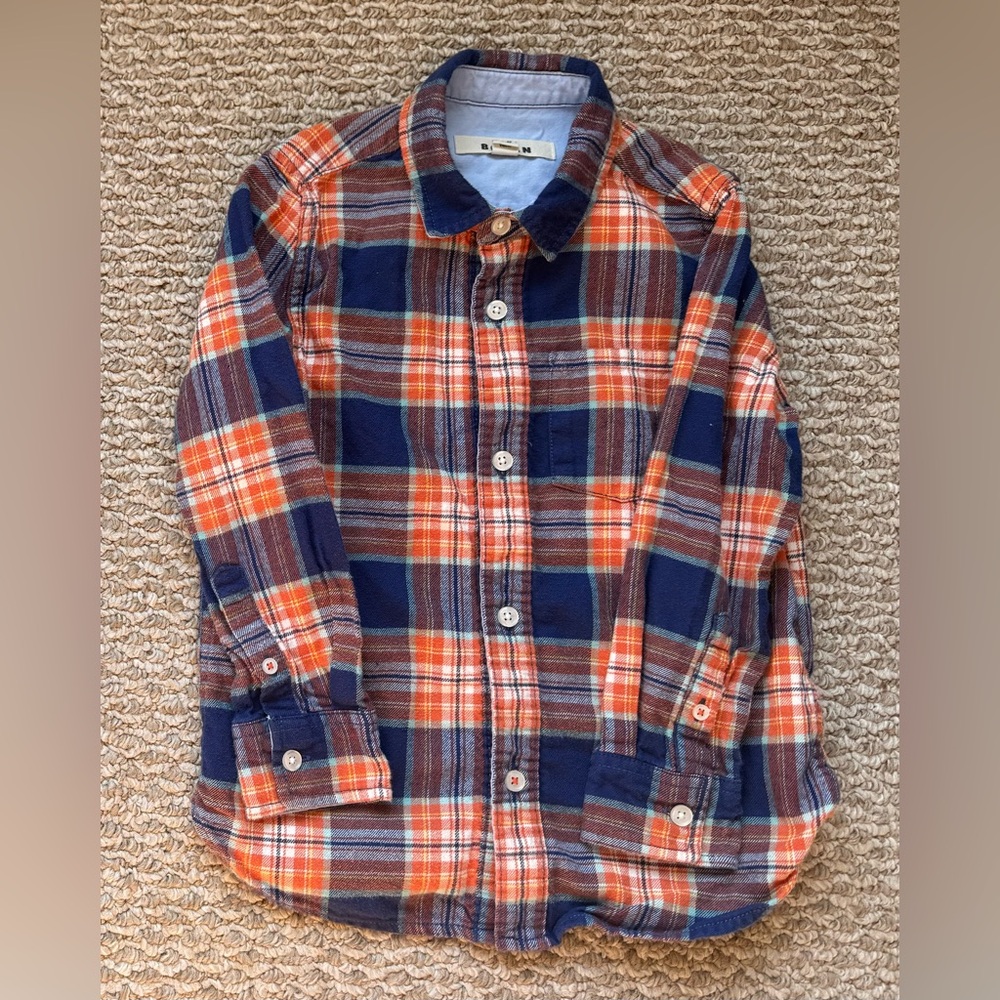 Mini Boden Orange and Navy Plaid Flannel Button Down Shirt. Size 5-6Y